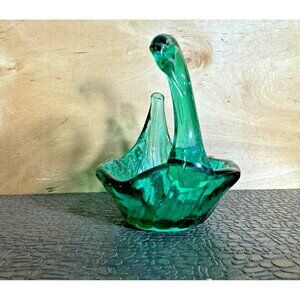 Vintage Green Glass Hand Blown Swan, Candy Dish